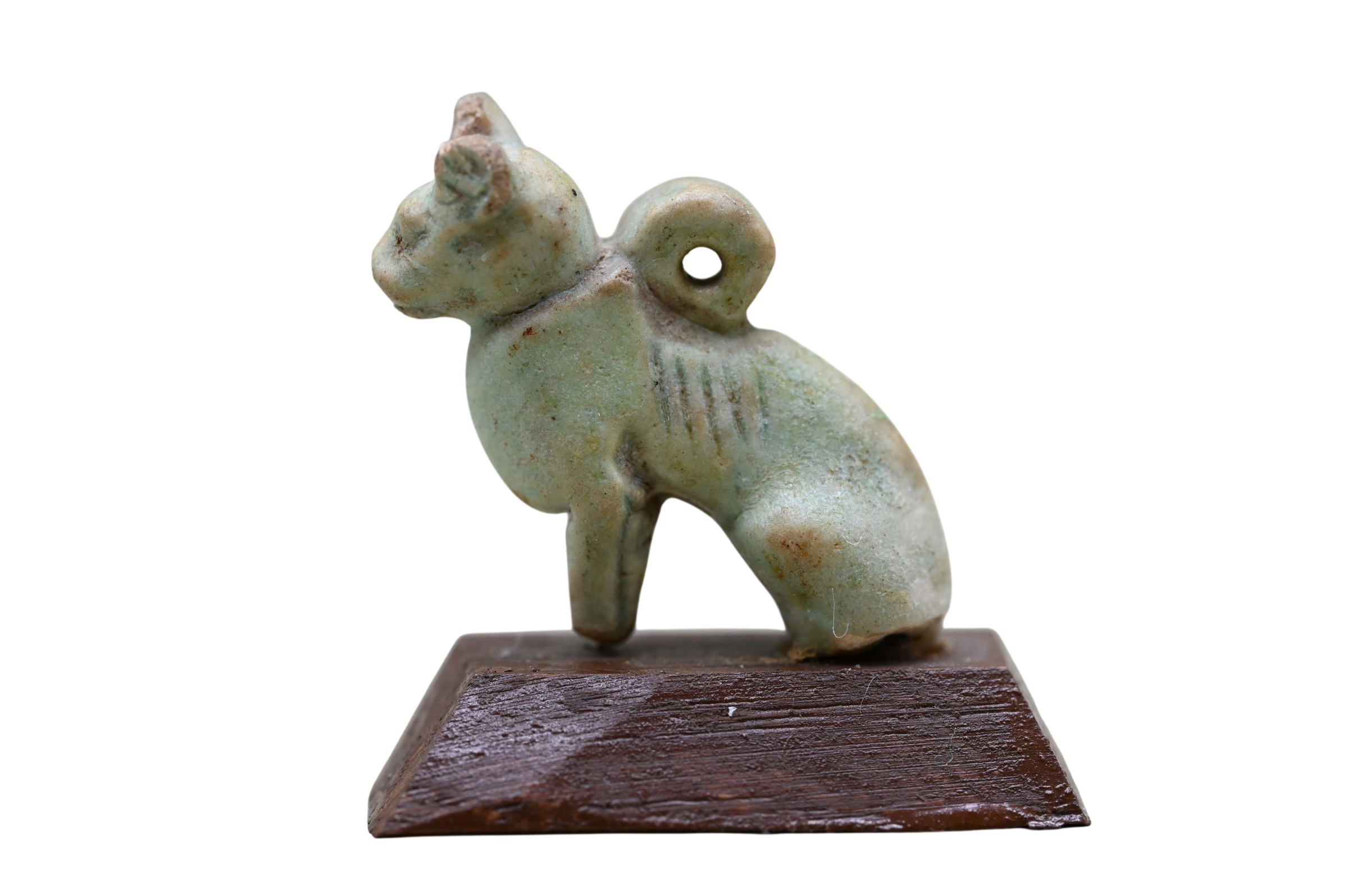 Green Egyptian faience cat amulet, Late Period, possibly Bastet