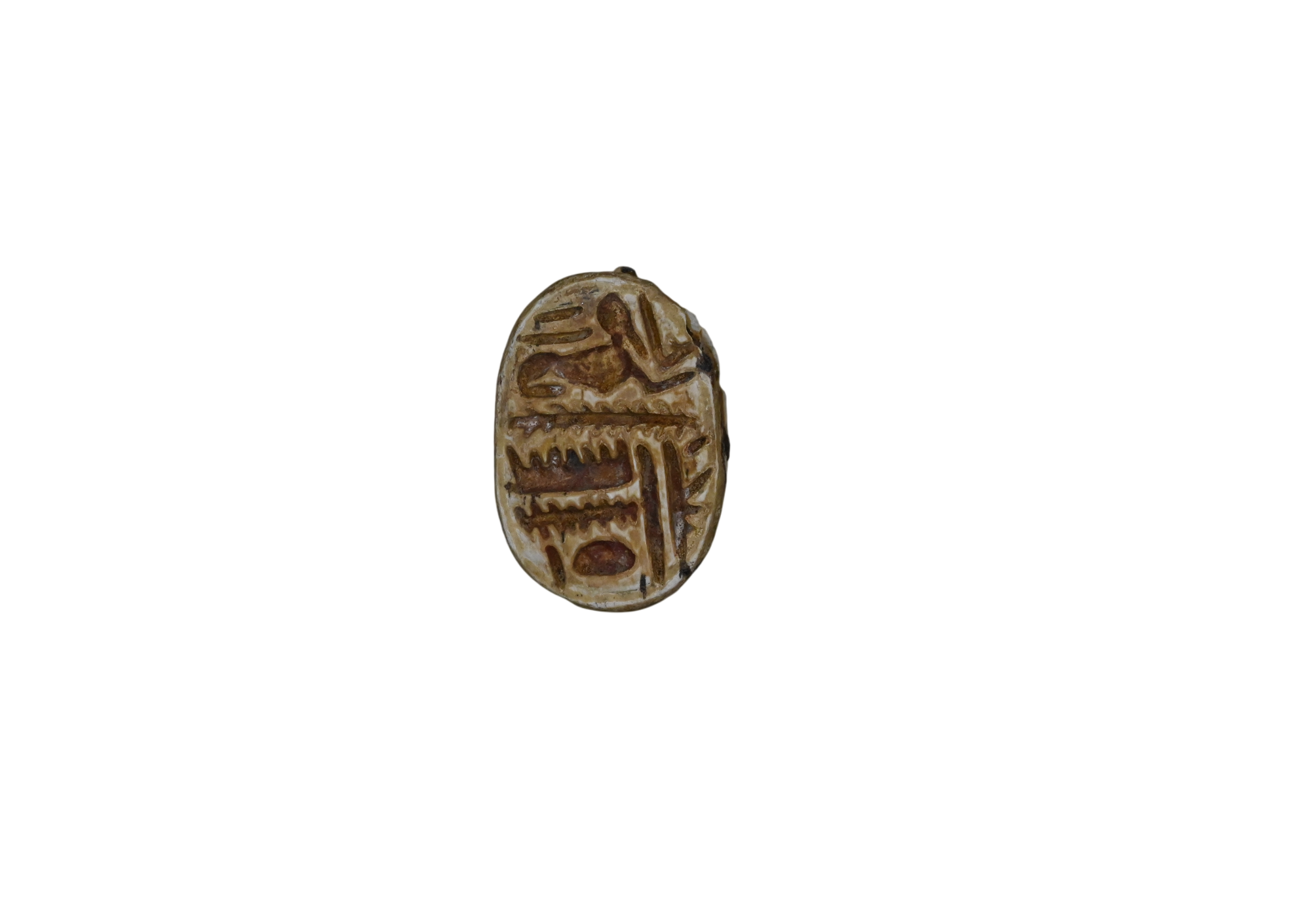 Ancient Egyptian scarab with recumbent sphinx and hieroglyphic praise to Amun-Ra, New Kingdom
