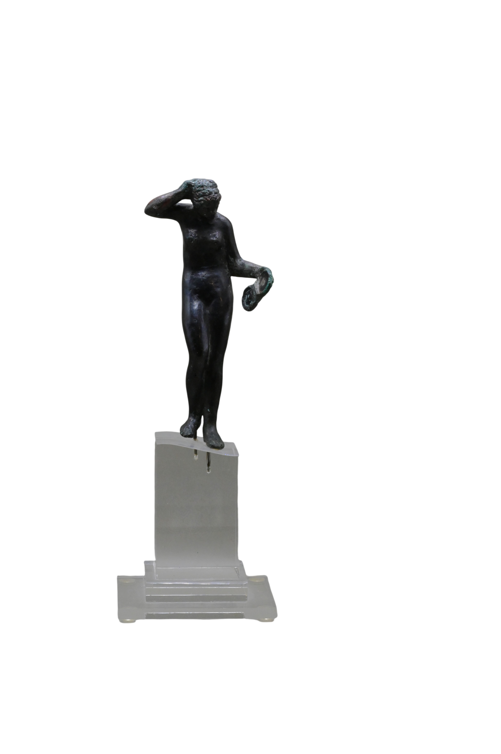 Roman bronze Venus holding a silver-inlay folding mirror, front view