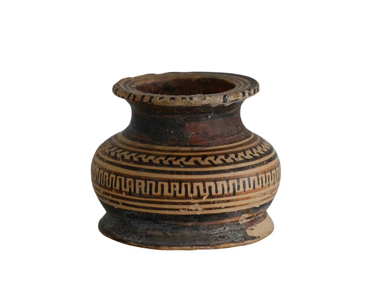 Ancient Greek Corinthian pyxis with geometric decoration, c. 750–550 BC