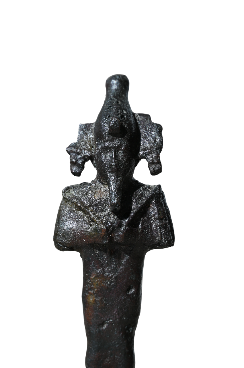Ancient Egyptian bronze statue of Osiris from the Late Period, 626–323 BC, holding the crook and flail