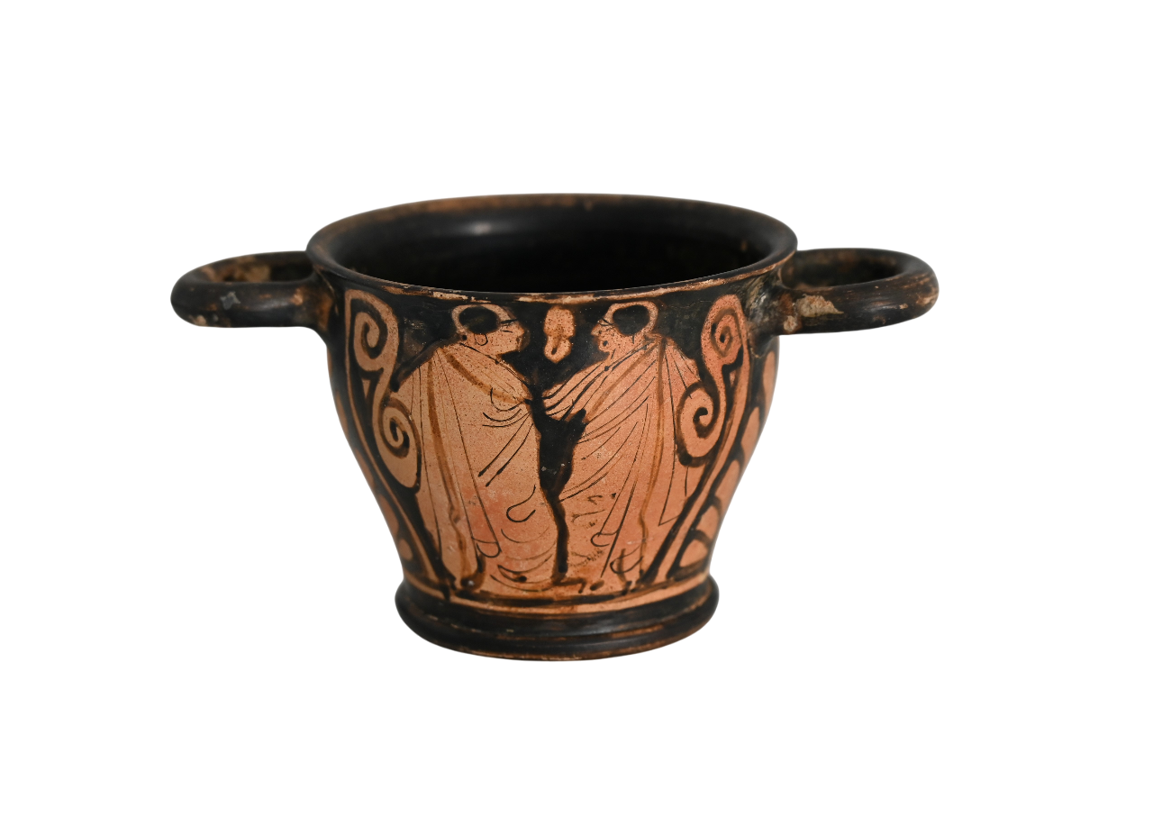 Attic red-figure skyphos with youths, Greek pottery from Attica, c. 400–300 BC