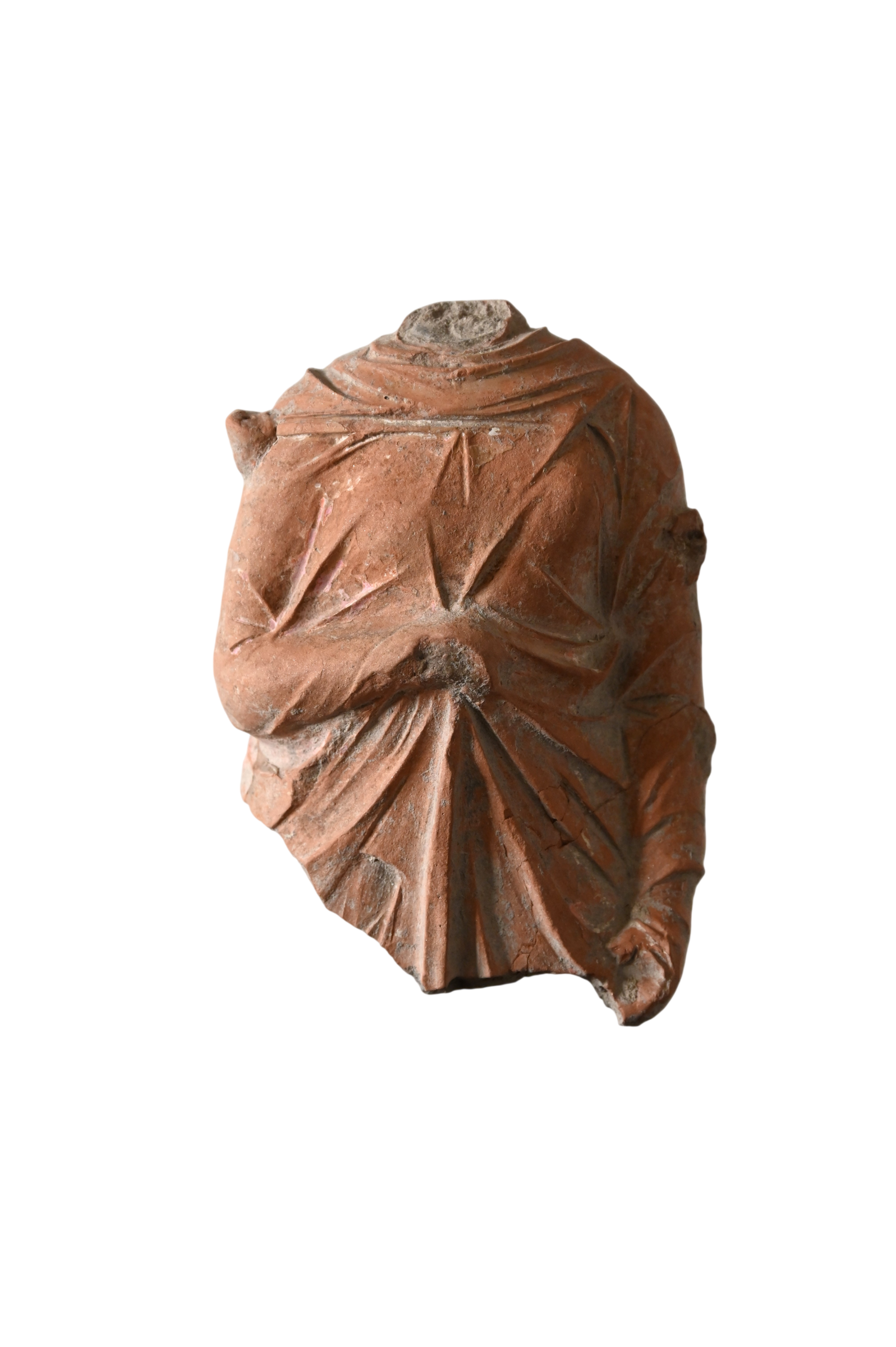 Greek Hellenistic terracotta draped female torso with original pink slip, c. 200–400 BC