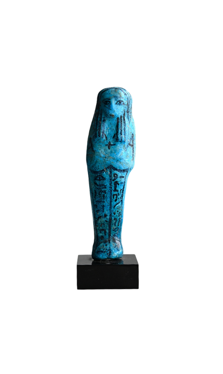 Ancient Egyptian blue faience shabti of Nesypernub with hieroglyphs, hoes and basket, 21st Dynasty, c. 1077–943 BC