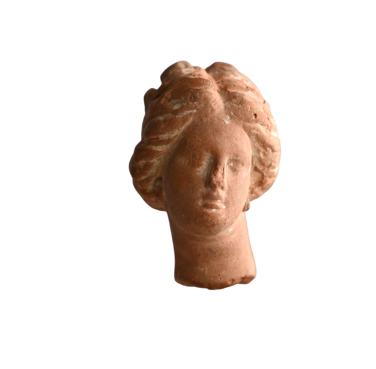 Hellenistic Greek terracotta female head with wavy hair and earrings, 400–300 BC