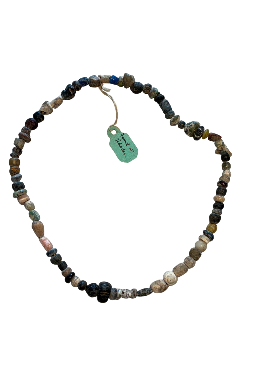 Ancient Roman glass bead necklace with colorful glass and stone beads, 200 BC–300 AD