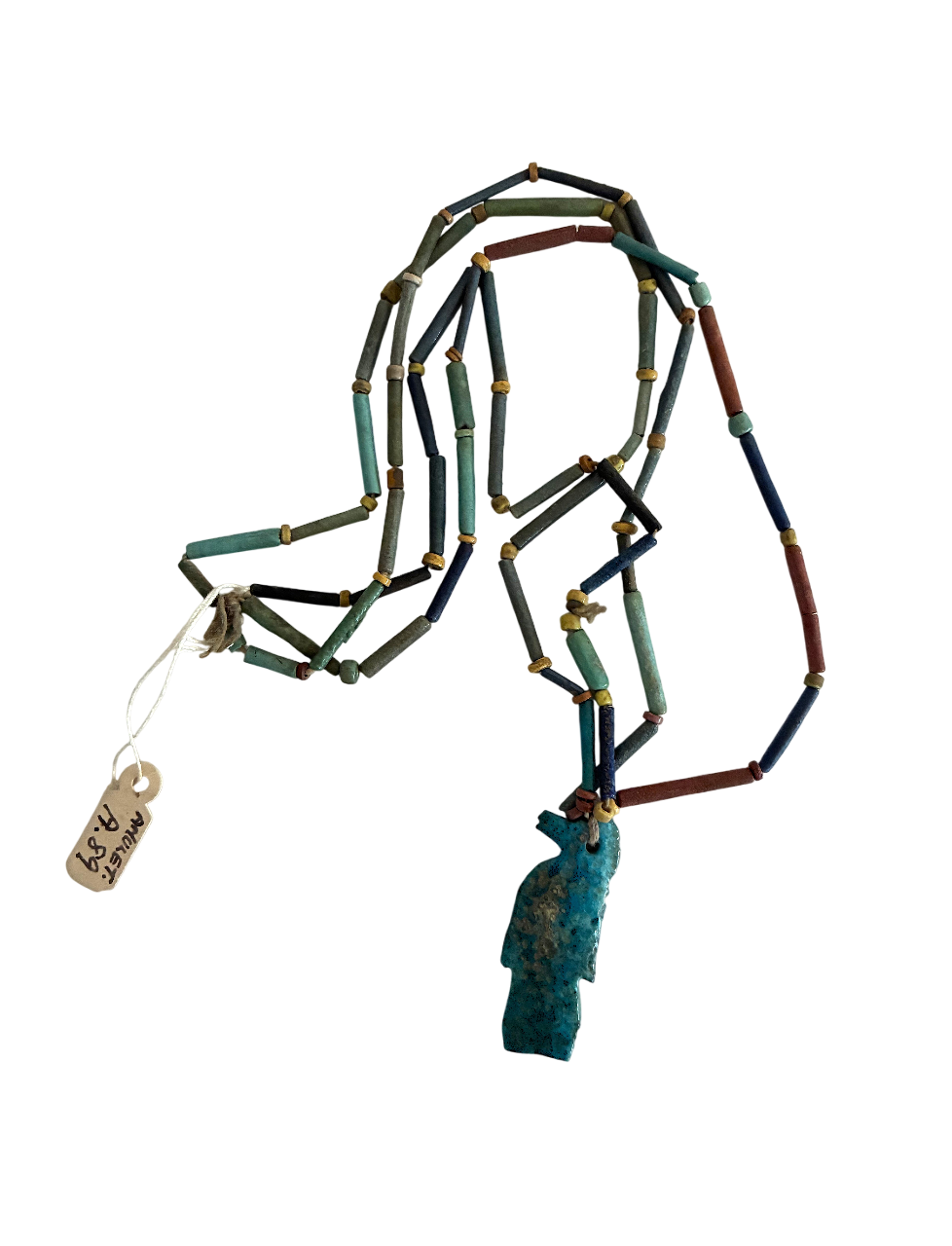 Ancient Egyptian faience necklace with blue Son of Horus pendant, c. 1500–1200 BC