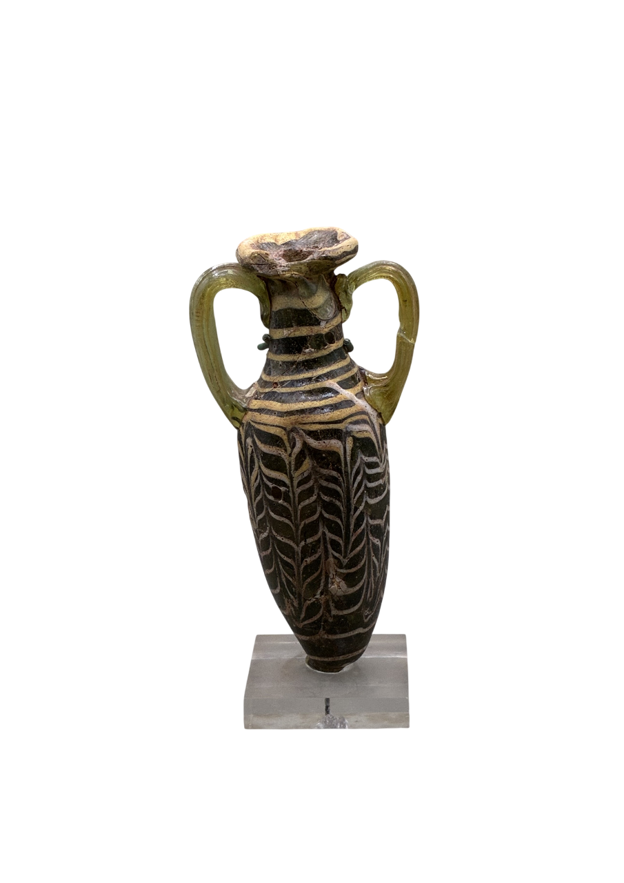 Greek core-formed amphoriskos with twin green handles, c. 200–100 B.C. front